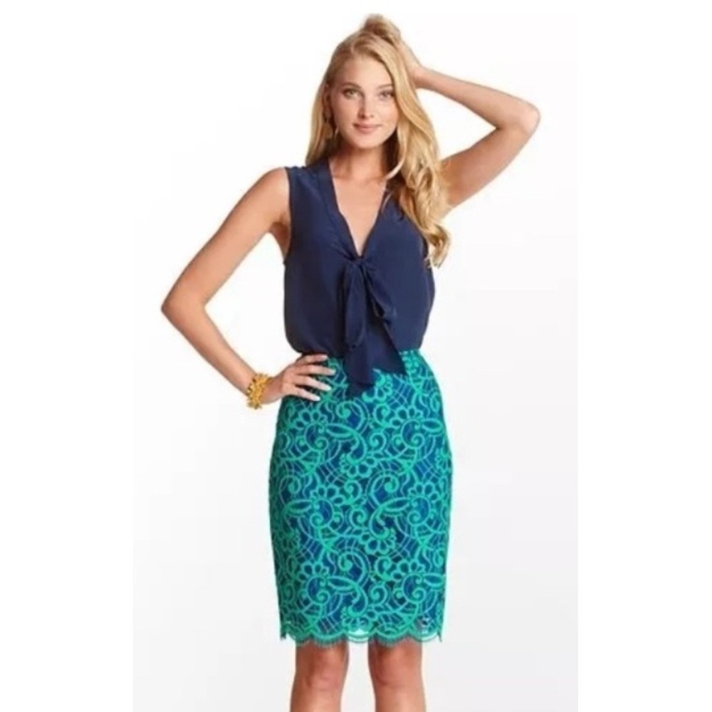 Lilly Pulitzer Hyacinth Lace Pencil Skirt blue and green "About Face"  overlay 4